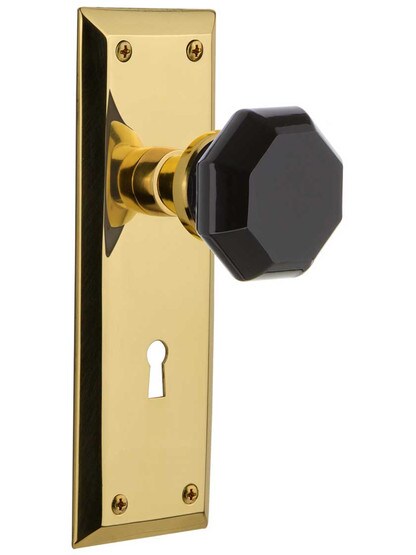 New York Mortise Lock Set with Colored Waldorf Crystal Glass Knobs Black in Polished Brass.
